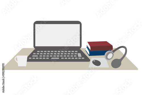 オンライン講座やリモート学習のイメージイラスト素材（デスク上のPCとヘッドフォン）