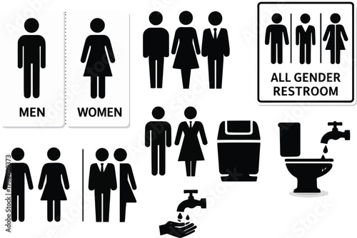 Diverse Restroom Signage Collection: Indicating Toilet Facilities for All Genders and Accessibility, Providing Clear Guidance in Public Spaces, Ideal for Hotels, Airports, and Offices, Black & White .