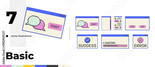Basic chat and system pixel art popup windows UI overlay pack. Loading bar. Success and error dialog boxes. Blocky interface element collection in retro 8bit style. Bitmap-inspired UX design