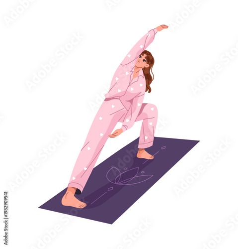 Quadro em tela Happy girl in cute pink pajamas does morning exercises, sports workout