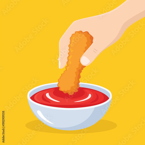 Hand dipping a fried chicken strip into a bowl of red dipping sauce flat vector