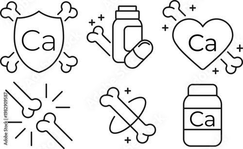 Minimal line icon collection focused on calcium and bone health, featuring pills, shield, heart, and medical protection symbols. Suitable for healthcare, pharmacy, and wellness design projects