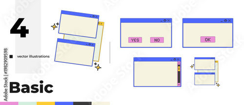 Essential blank pixel art popup windows UI overlay pack. Confirmation dialog boxes. Layered panels. Scroll bar. Blocky interface element collection in retro 8bit style. Bitmap-inspired UX design