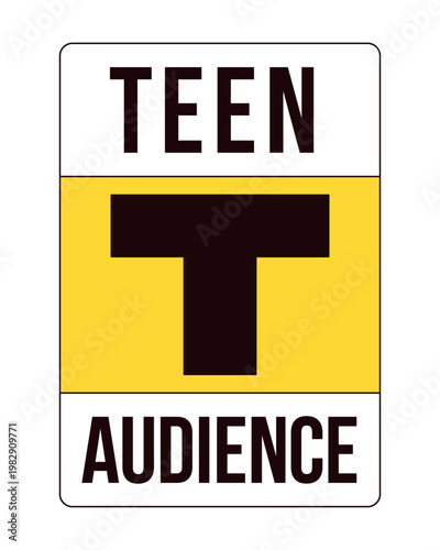 Teen audience rating label overlay. Content suitability for teenage viewer. Age category. Isolated vector sign. Digital media alert. Attention element. Graphic illustration with text. Platform message