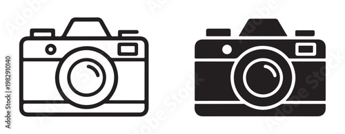 Camera icon set in outline and solid flat styles for photography symbols isolated on transparent backgrounds.