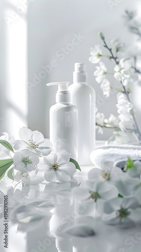 White cosmetic bottle mock up vertical banner, spa still life with towel and flowers