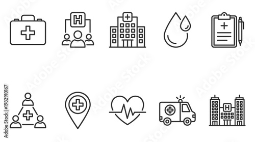 Healthcare and medical icons set representing various aspects of the medical field