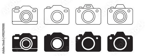 Modern dslr camera icon collection in linear and silhouette styles for photo editor applications and software.