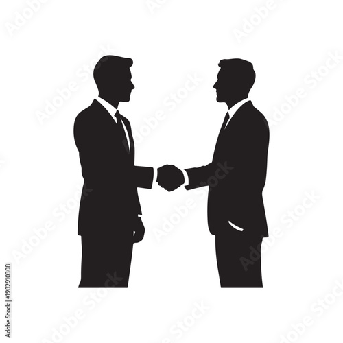 Two businessmen in silhouette shaking hands firmly in agreement and partnership on a white background