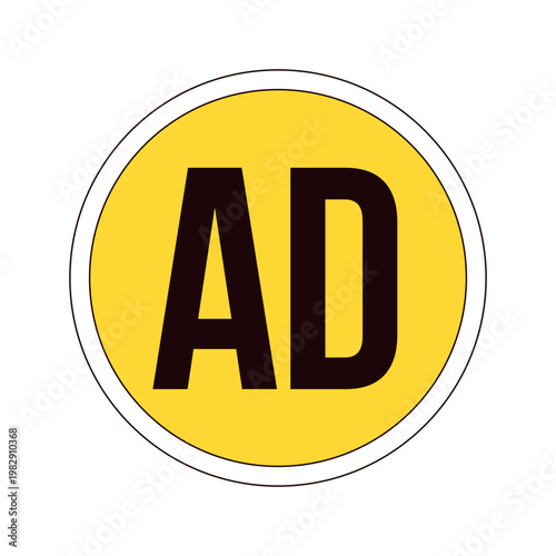 AD advertising label overlay. Promotional content disclosure. Retail branding. Marketing. Isolated vector sign. Digital media alert. Attention element. Graphic illustration with text. Platform message
