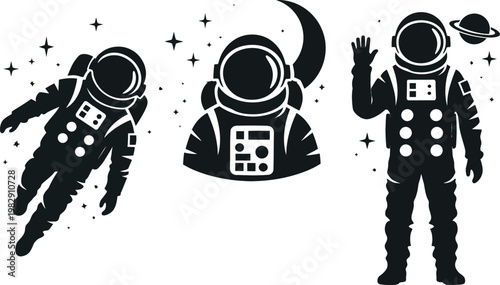 Funny cartoon astronauts in various poses and activities isolated illustration set
Astronaut Silhouettes Set with Flag Space Exploration Vector Illustration
