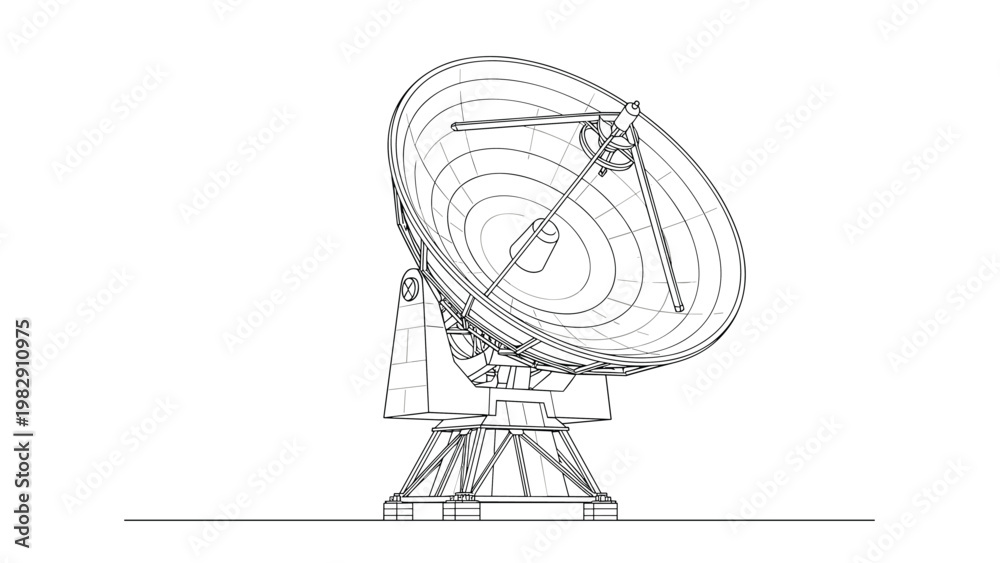 Obraz premium Technical line art drawing of a large satellite dish antenna used for telecommunication and space exploration.