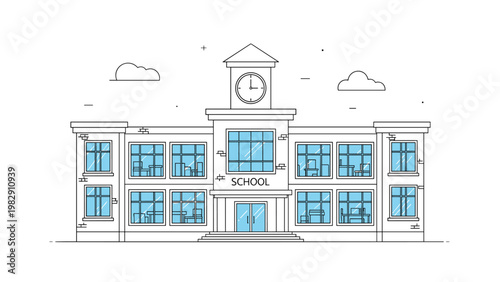 Simple architectural drawing of a two-story school building with a clock tower and many windows on a white background.