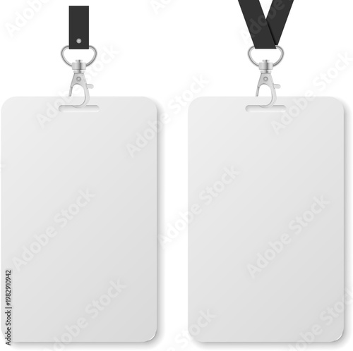 Clean mockup of blank ID badge cards attached to lanyard clips, shown in two strap variations. Ideal for corporate identity, event passes, and branding presentations.