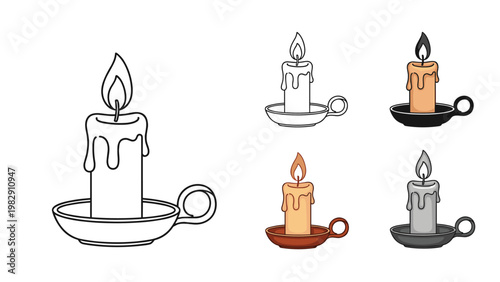 Collection of burning candles in a holder presented in various styles including line art, colored, and grayscale.