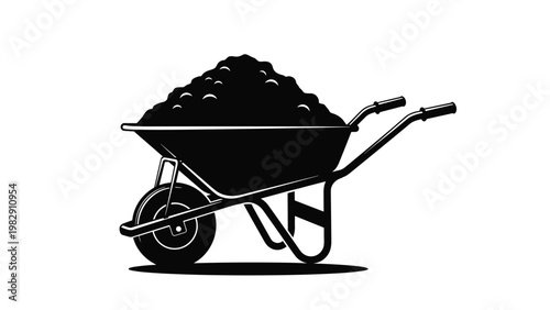 Solid black silhouette of a garden wheelbarrow filled with dirt or sand shown in profile on a white background.