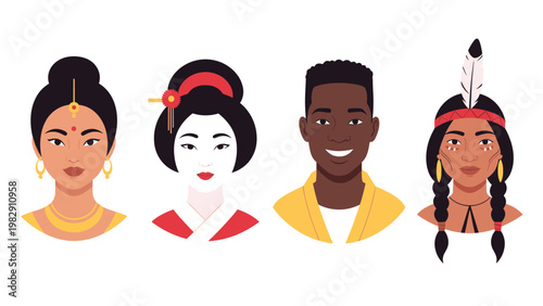 Diverse set of character avatars representing different cultures including Indian, Japanese, African, and Native American.