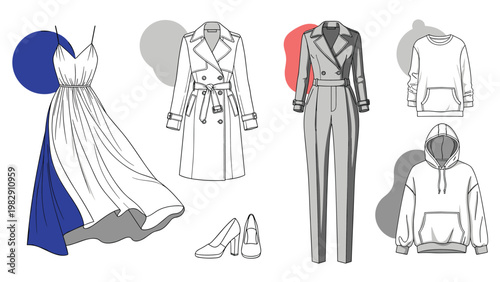 Stylish fashion collection featuring a long dress, trench coat, jumpsuit, and casual hoodies in a mixed art style.