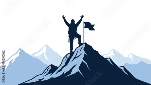 Silhouette of a mountaineer standing triumphantly on a mountain peak with a flag against a snowy range background.