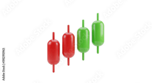 Vector illustration of 3d render of red and green financial candlestick chart icons on on a transparent background
