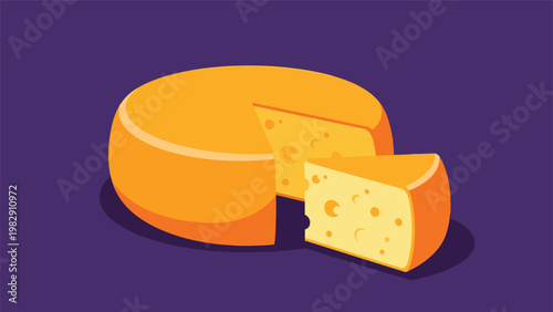Large round yellow cheese wheel with a single wedge slice removed shown in a flat vector style on a dark purple background.