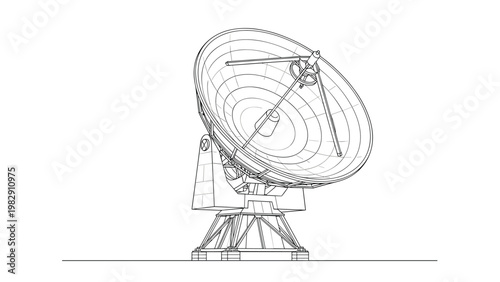 Technical line art drawing of a large satellite dish antenna used for telecommunication and space exploration.
