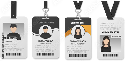 Professional set of corporate ID card designs featuring employee profiles, barcodes, and company branding. Includes multiple layout styles with lanyard attachments, ideal for office and event use.
