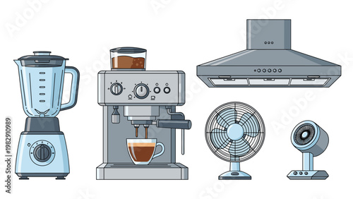 Modern kitchen appliances collection featuring a blender, coffee machine, extractor hood, and cooling fans.