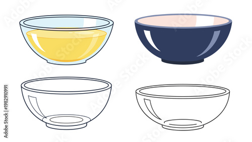Set of glass and ceramic bowls shown in various versions including line art, colored with liquid, and solid dark blue.