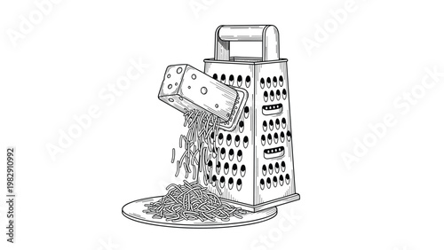 Detailed line art drawing of a manual metal cheese grater being used to shred a block of cheese onto a plate.