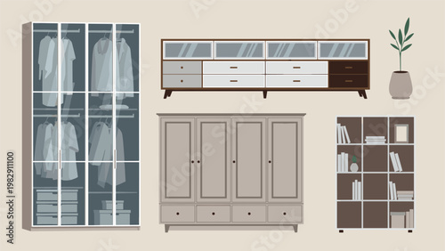 Modern home furniture set includes various storage solutions like a glass door wardrobe, sleek sideboard, and a wooden bookshelf.