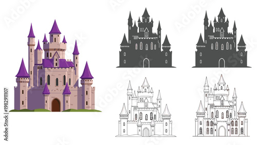 Enchanting fairy tale castle illustration is presented in several formats such as colorful artwork, dark silhouettes, and line art.