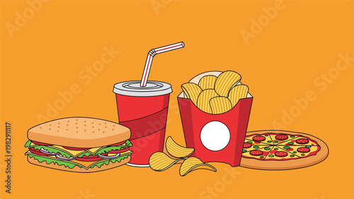 Assorted fast food meal illustration includes a large burger, a soda cup with straw, French fries, and a small pepperoni pizza.
