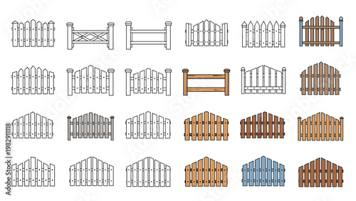 Comprehensive set of wooden fence panels displays many different structural designs and colors for garden and property boundaries.