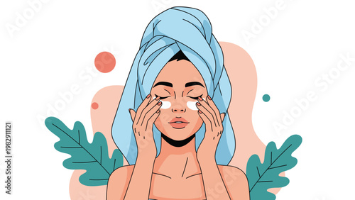 Relaxing skincare routine illustration shows a young woman with a towel on her head applying hydrating eye patches to her face.