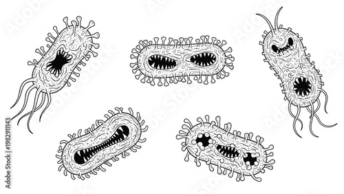 Set of scary looking bacteria and germ characters are drawn in a detailed line art style with aggressive expressions and features.