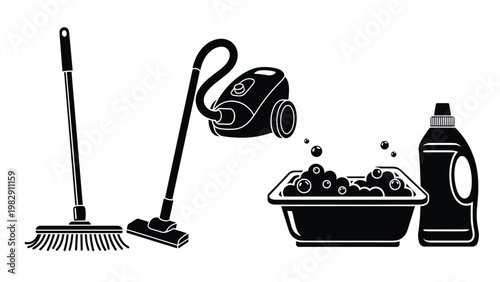 Solid black icons of cleaning equipment show a broom, vacuum cleaner, wash basin with bubbles, and a plastic bottle of detergent.