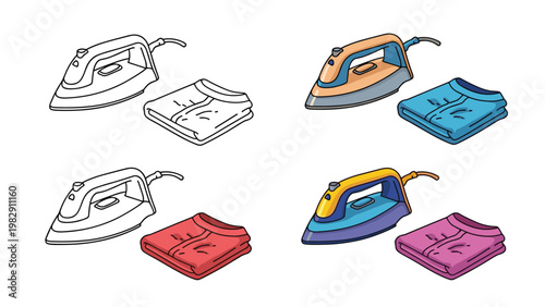 Four sets of icons showing a modern steam iron next to a folded piece of clothing in different color schemes and outline styles.