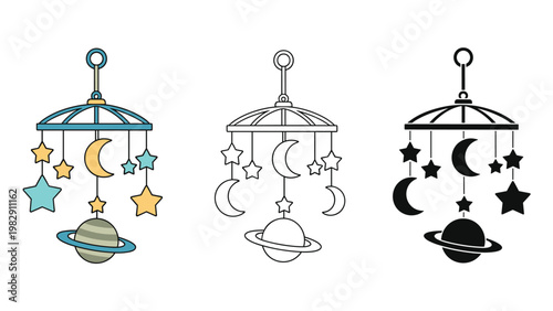 Collection of baby crib mobile vector icons featuring celestial bodies like stars, crescent moons, and Saturn in various styles.