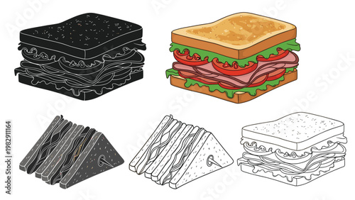 Set of various sandwich illustrations includes a whole sandwich, a triangular cut half, and different artistic rendering styles.