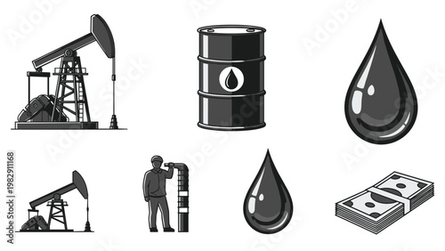Industrial oil production icons in grayscale show a pumpjack, worker, barrel, large oil drop, and stacks of paper money currency.
