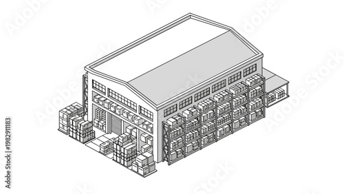 Detailed isometric line drawing of a large industrial warehouse facility filled with rows of storage shelves and cardboard boxes.