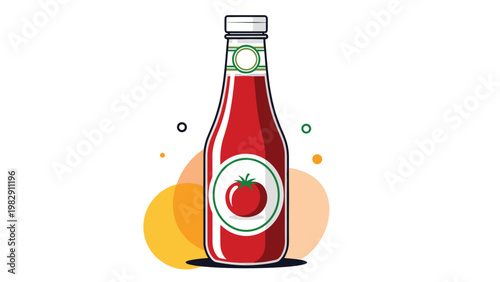 Graphic illustration of a classic glass bottle of tomato ketchup with a decorative label against a minimalist background.