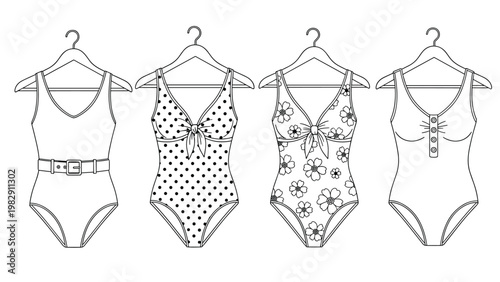 Set of four diverse women's one-piece swimsuit designs displayed on hangers in a clean black and white line art style.