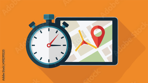 Concept of delivery tracking and time management featuring a blue stopwatch next to a digital map interface with a red location pin.