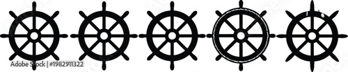 Ship Wheel Icon Set. Nautical Helm Symbol Collection. Marine Steering Wheel in Solid, Outline, and Linear Styles.
Ship's wheel helm icon set collection showing four different vector graphic design 