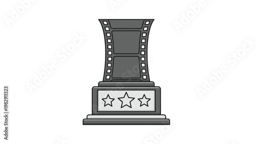Creative movie award trophy design featuring a film strip pedestal base and three stars representing excellence in cinematic production.
