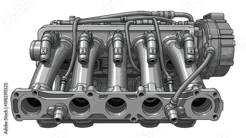 Detailed mechanical illustration of a powerful car engine block showing intake manifolds and various complex engineering components in gray scale.