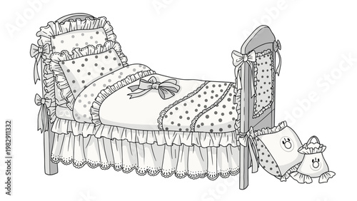 Elaborate baby crib bedding set illustration featuring ruffled fabrics, polka dot patterns, and decorative bows.