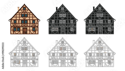 Collection of traditional German half-timbered house icons shown in colored, silhouette, and various line art versions.